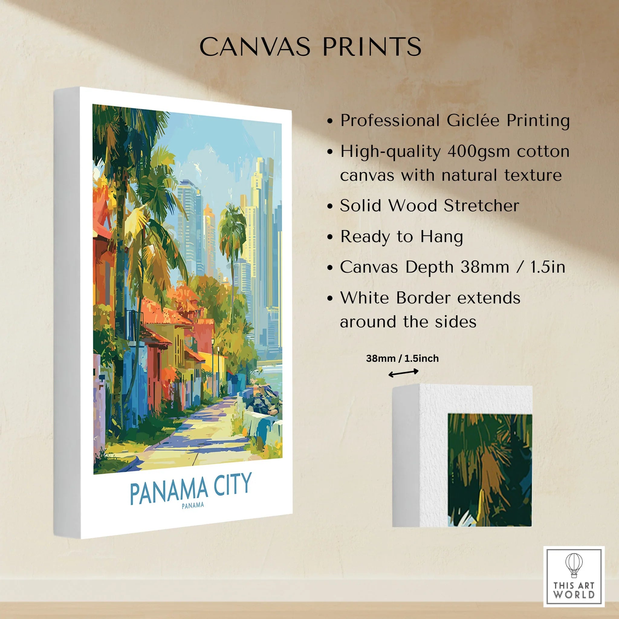 Panama City travel poster canvas print with palm trees and skyline, ready to hang wall art