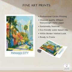 Panama City travel poster with colorful buildings, palm trees, and skyline, fine art print ready to frame