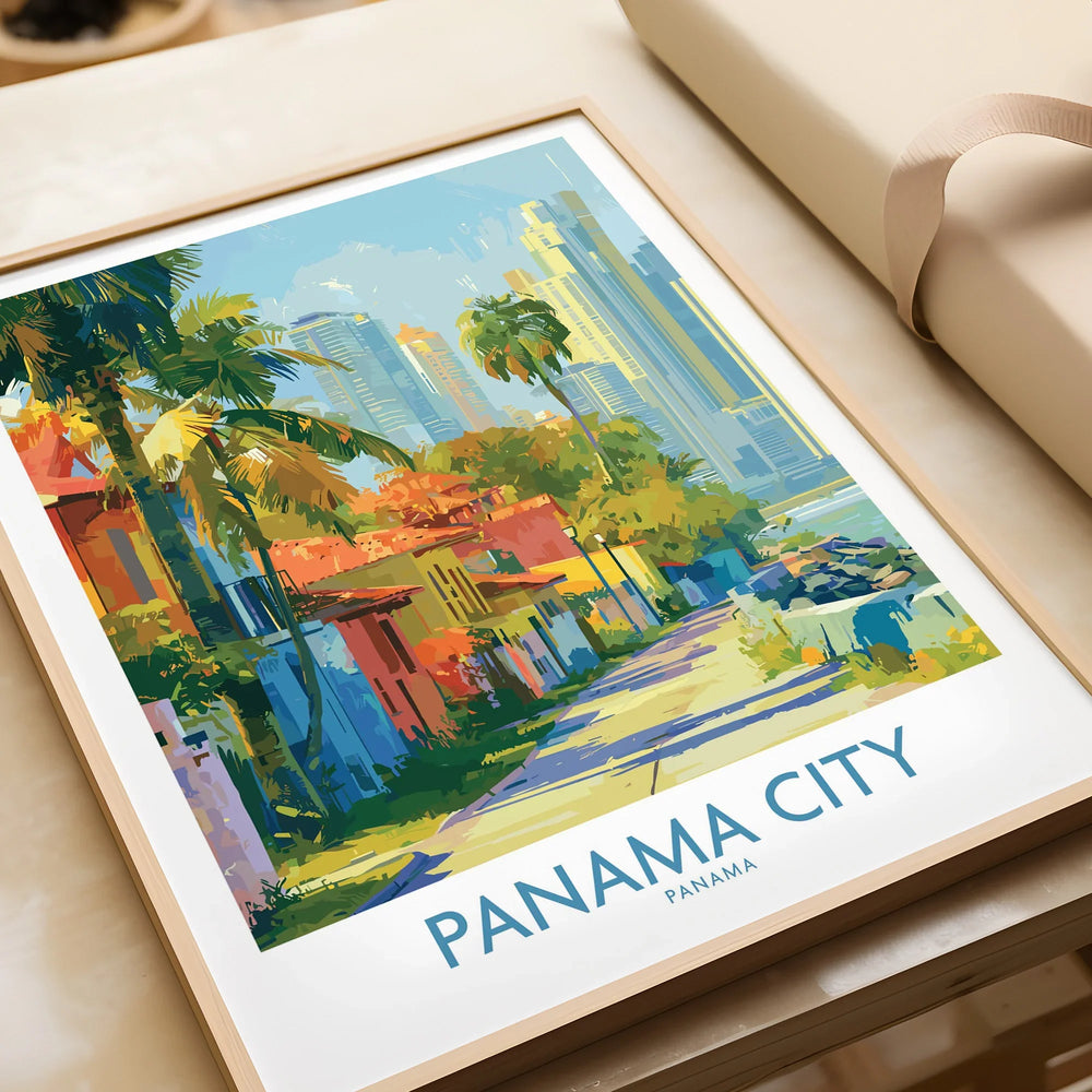Vibrant Panama City travel poster with palm trees, colorful buildings, and skyline art for home decor