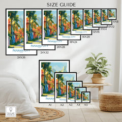 Panama City travel poster in various sizes, featuring vibrant street art with palm trees and colorful buildings.