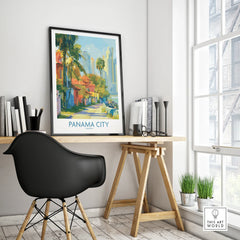 Panama City travel poster with colorful streets, palm trees, and skyline, framed on desk for modern home decor
