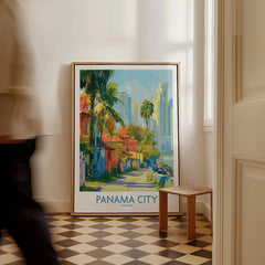 Panama City travel poster with vibrant skyline, palm trees, and colorful buildings for home decor