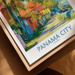 Vibrant Panama City travel poster with colorful buildings and palm trees, perfect for wall art decor.