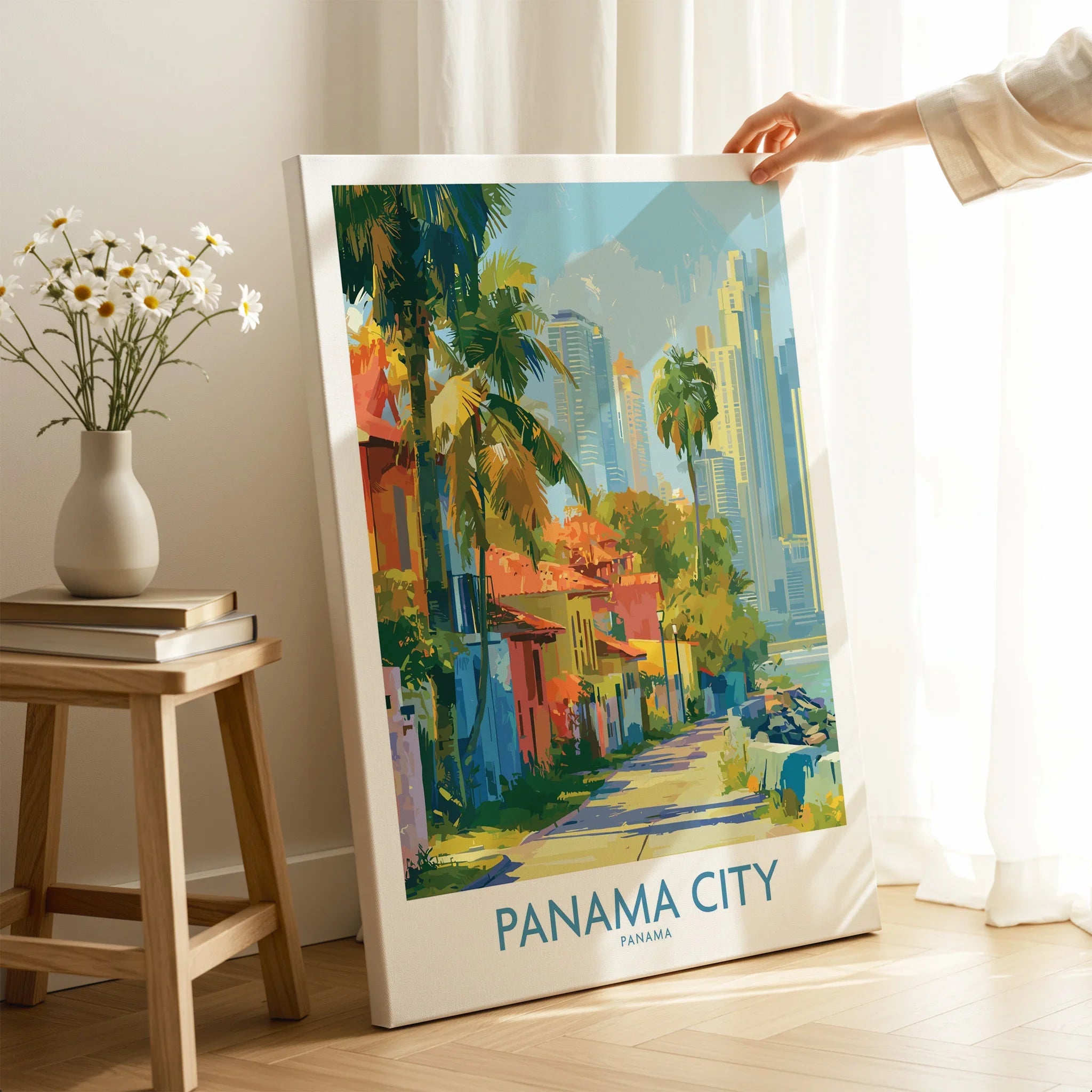 Vibrant Panama City travel poster with palm trees, colorful buildings, and skyline art for home decor