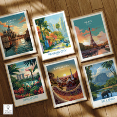 Travel posters of Venice, Paris, Panama City, Singapore, Barcelona, and Sri Lanka for home decor