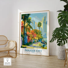 Vibrant Panama City travel poster with palm trees, colorful buildings, and skyline, perfect for wall art decor.