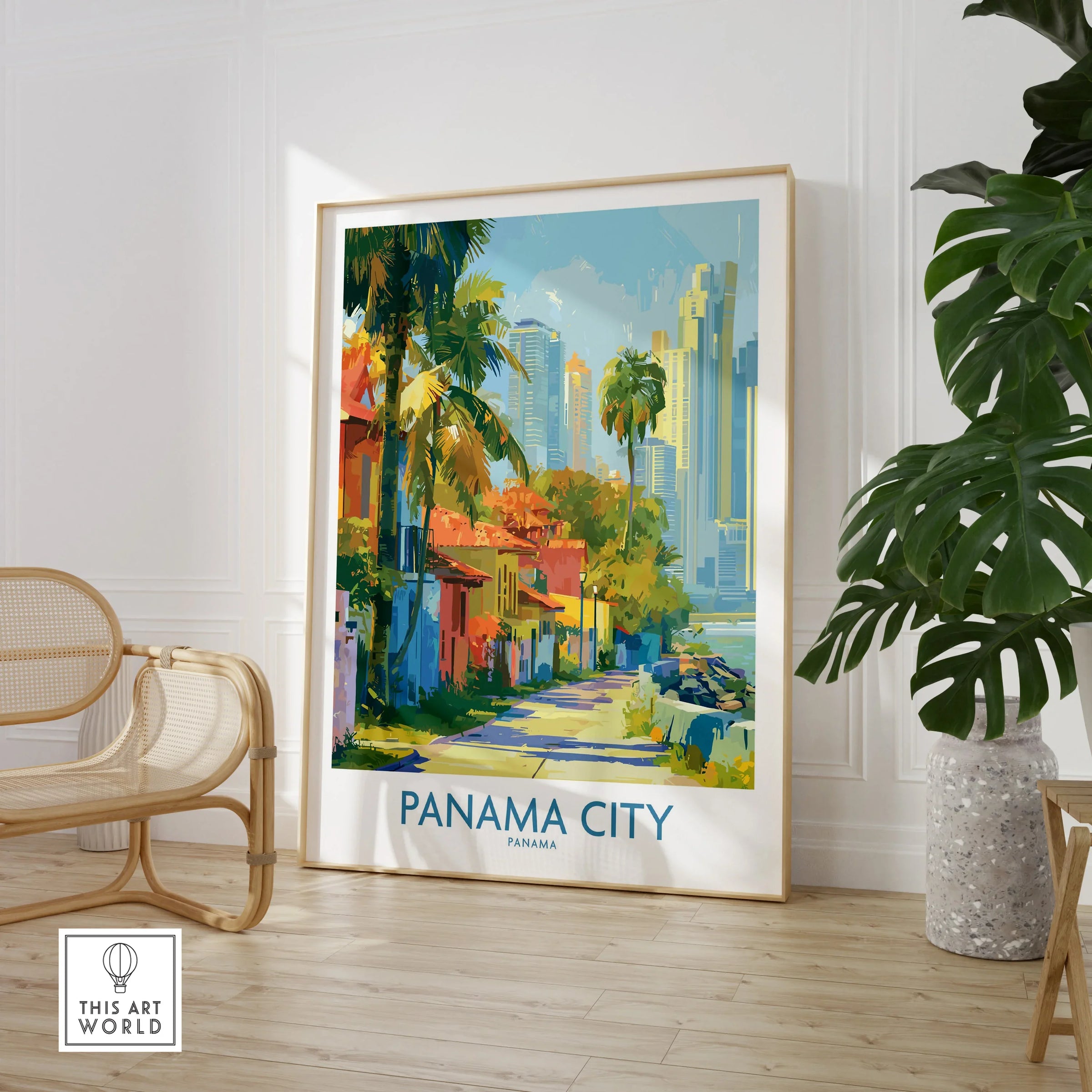 Vibrant Panama City travel poster with palm trees, colorful buildings, and skyline, perfect for wall art decor.