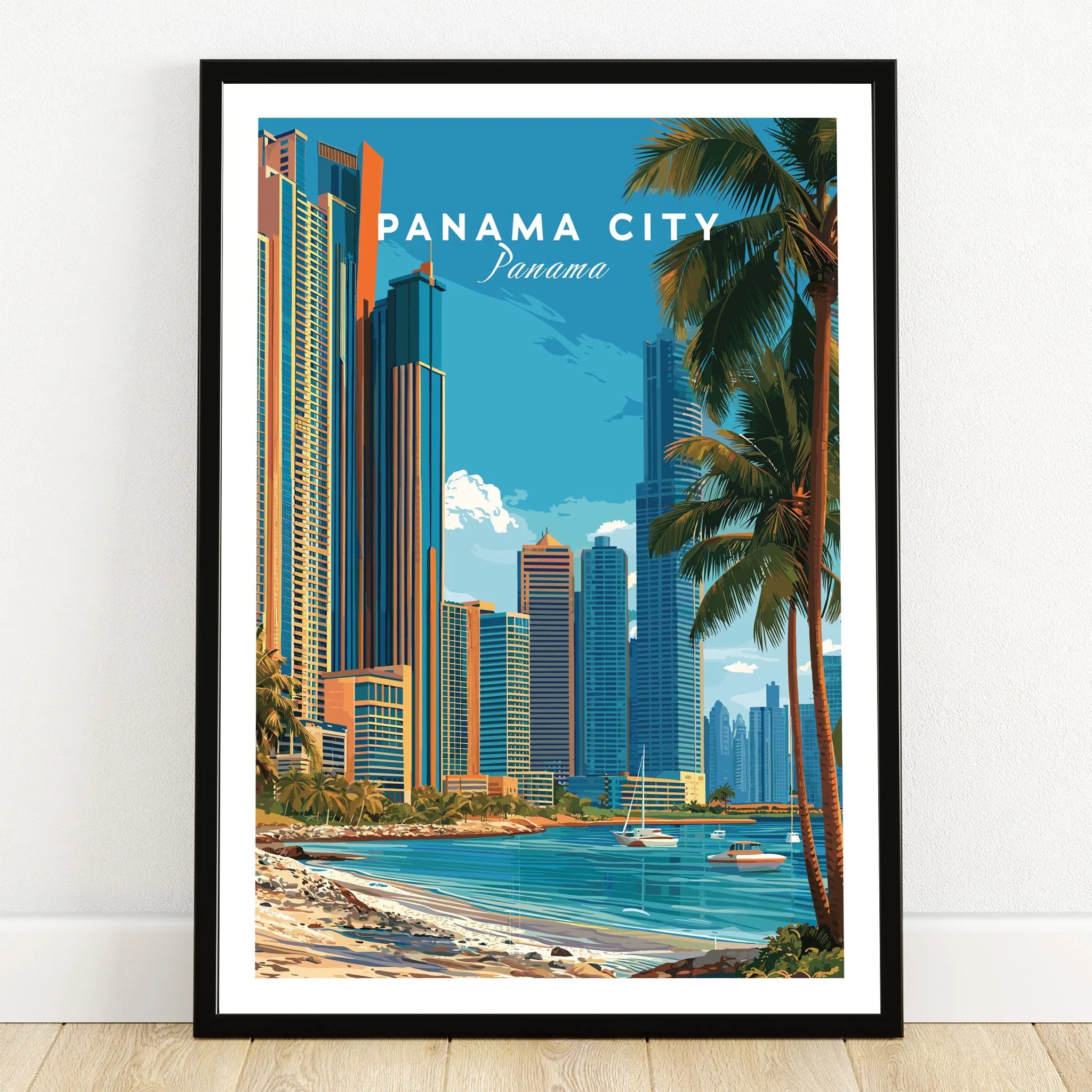 Panama City skyline art print with palm trees and coastal view, ideal for travel poster decor