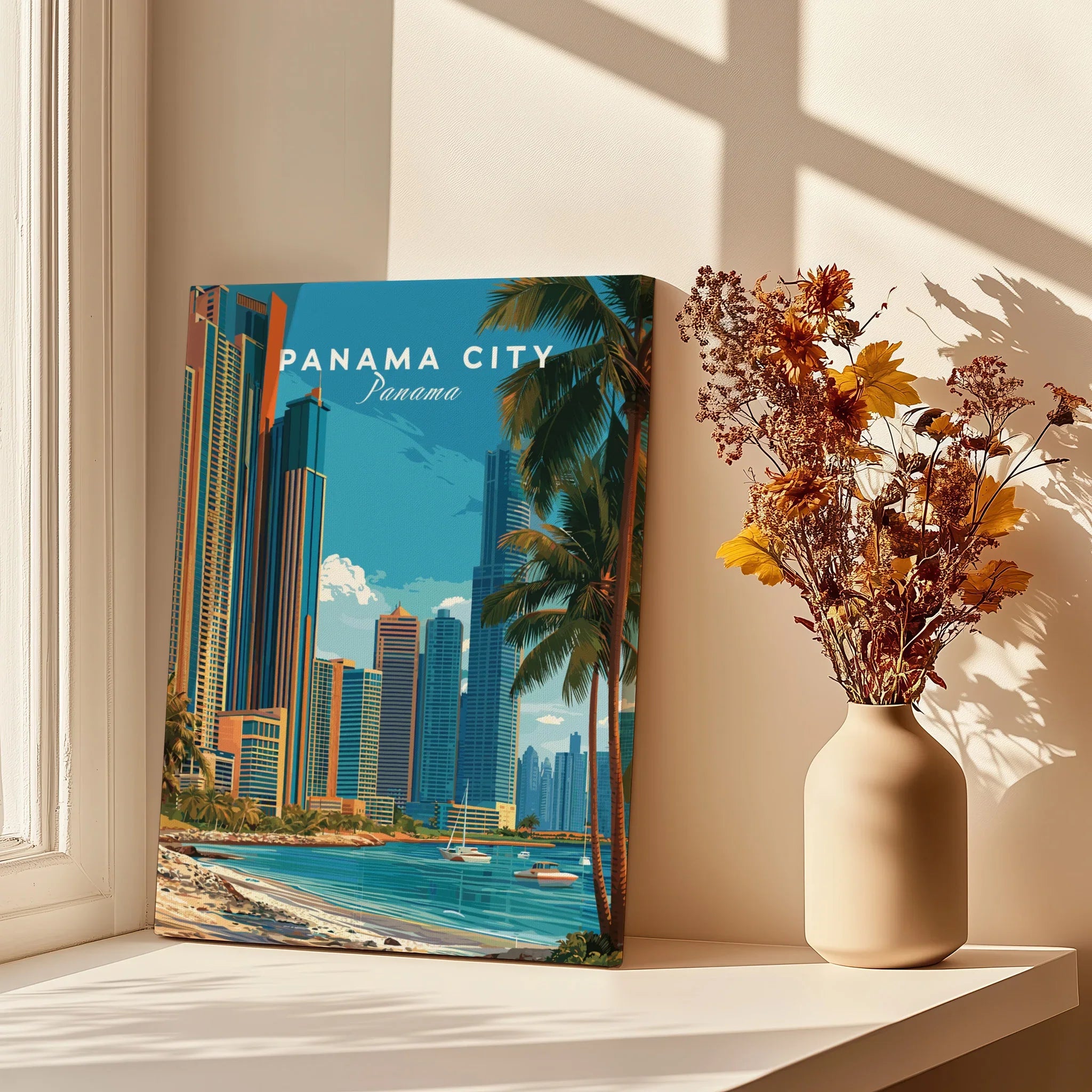 Panama City skyline art print with palm trees and coastal view, perfect for travel-themed wall decor.
