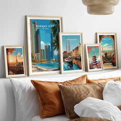 Travel posters of Paris, Panama City, Copenhagen, Tokyo, and Barcelona for home decor wall art