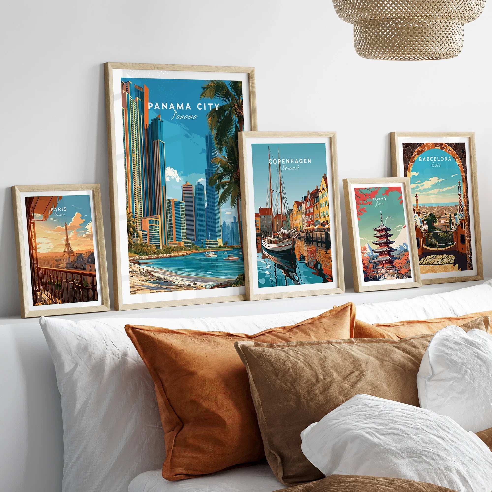 Travel posters of Paris, Panama City, Copenhagen, Tokyo, and Barcelona for home decor wall art