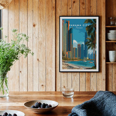 Panama City skyline travel poster with palm trees and coastal view, perfect for home decor