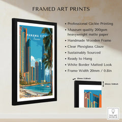 Framed Panama City travel poster art print with skyline, palm trees, and waterfront, ready to hang for home decor