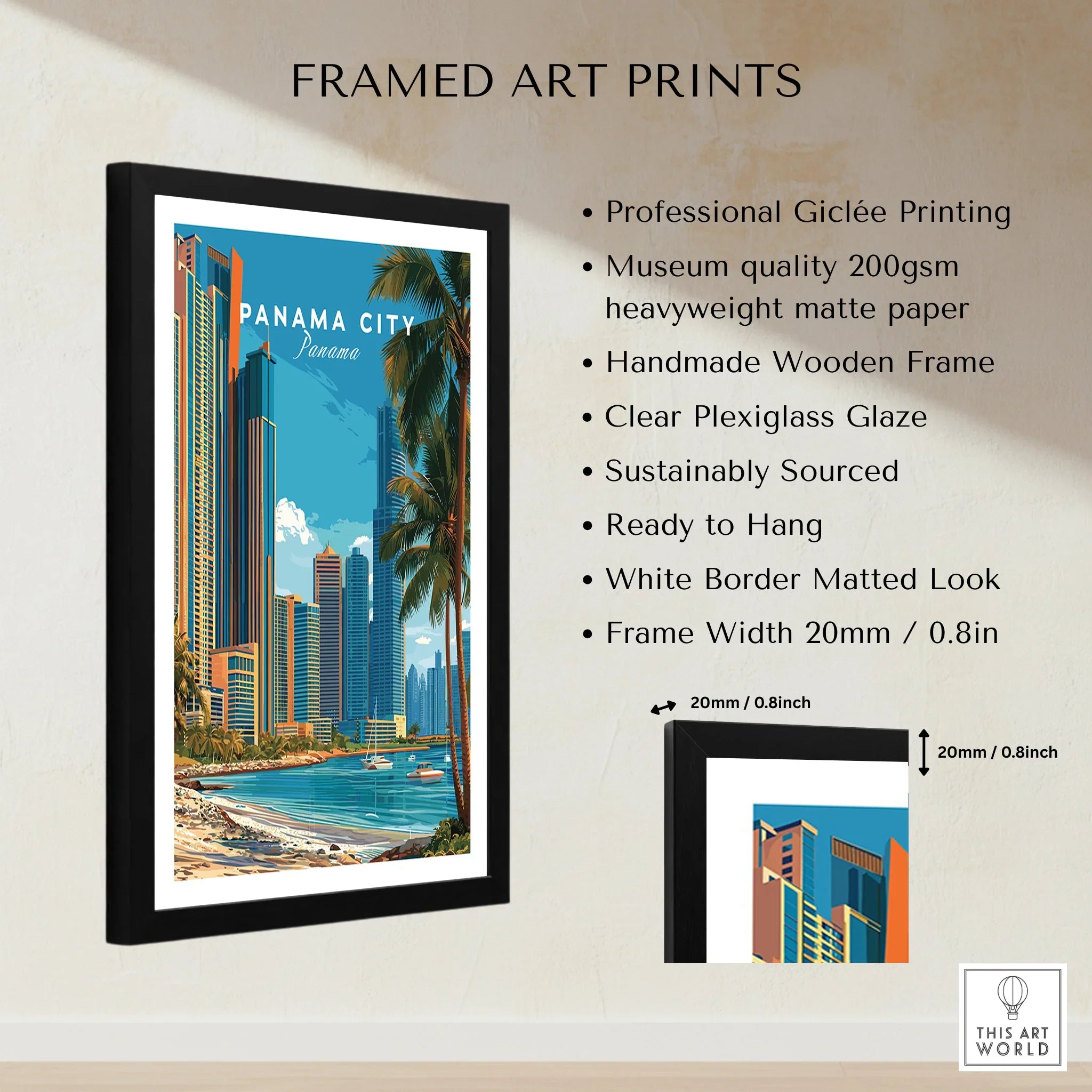 Framed Panama City travel poster art print with skyline, palm trees, and waterfront, ready to hang for home decor