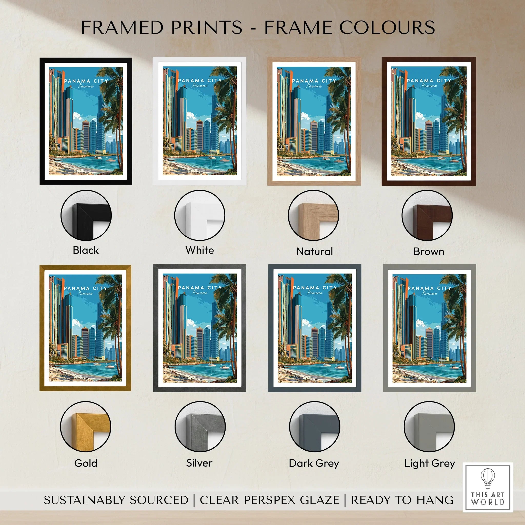 Panama City skyline art print in 8 frame colors: black, white, natural, brown, gold, silver, dark grey, light grey