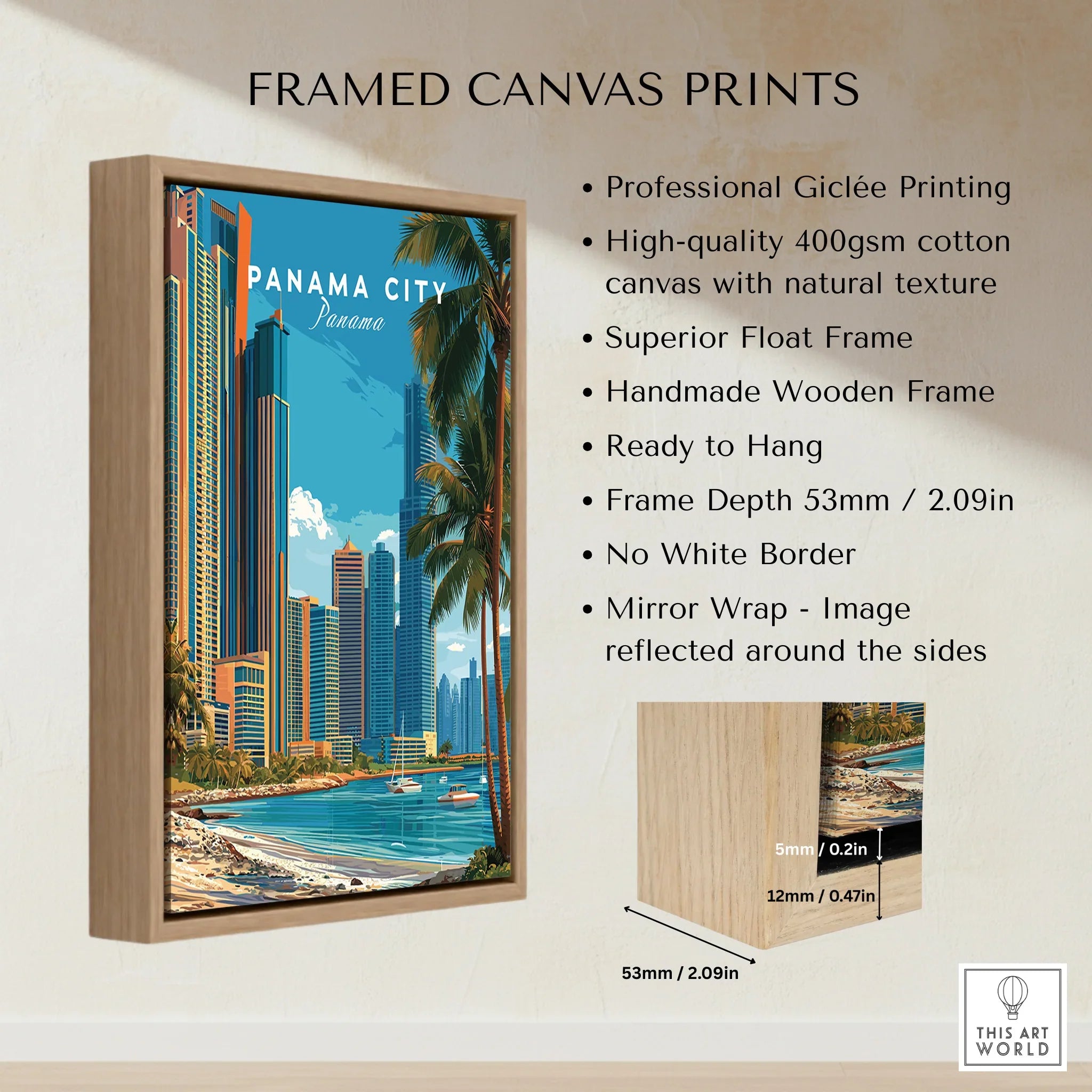Panama City skyline art print with palm trees, framed canvas wall decor for modern homes