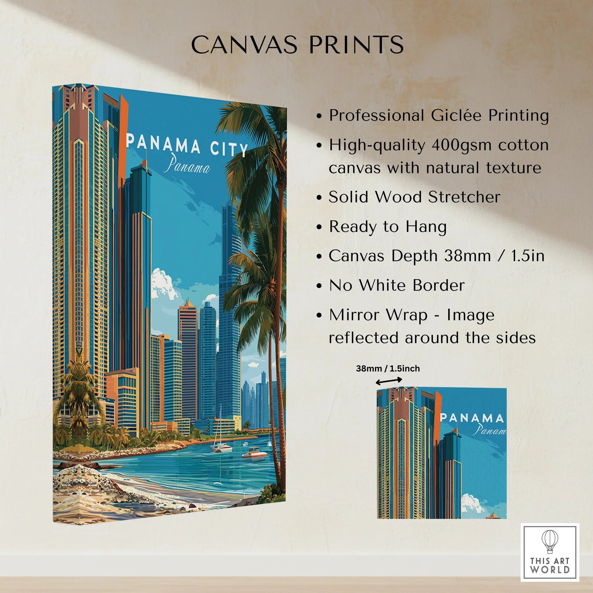 Panama City skyline canvas print with palm trees and waterfront, ideal for travel-themed wall art decor