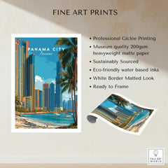 Panama City skyline art print with palm trees and coastal view, ideal for travel-themed wall decor