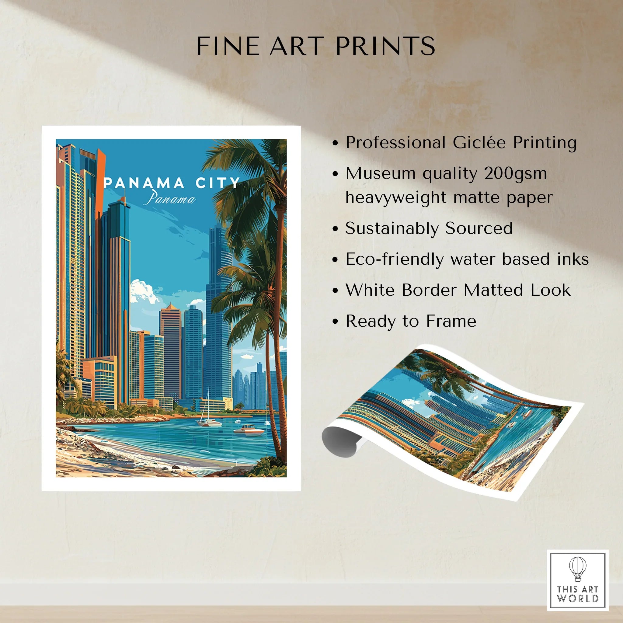 Panama City skyline art print with palm trees and coastal view, ideal for travel-themed wall decor