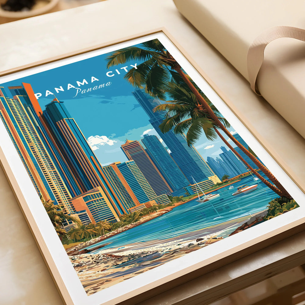 Panama City Panama travel poster with skyline, palm trees, and beach, perfect wall art for home decor