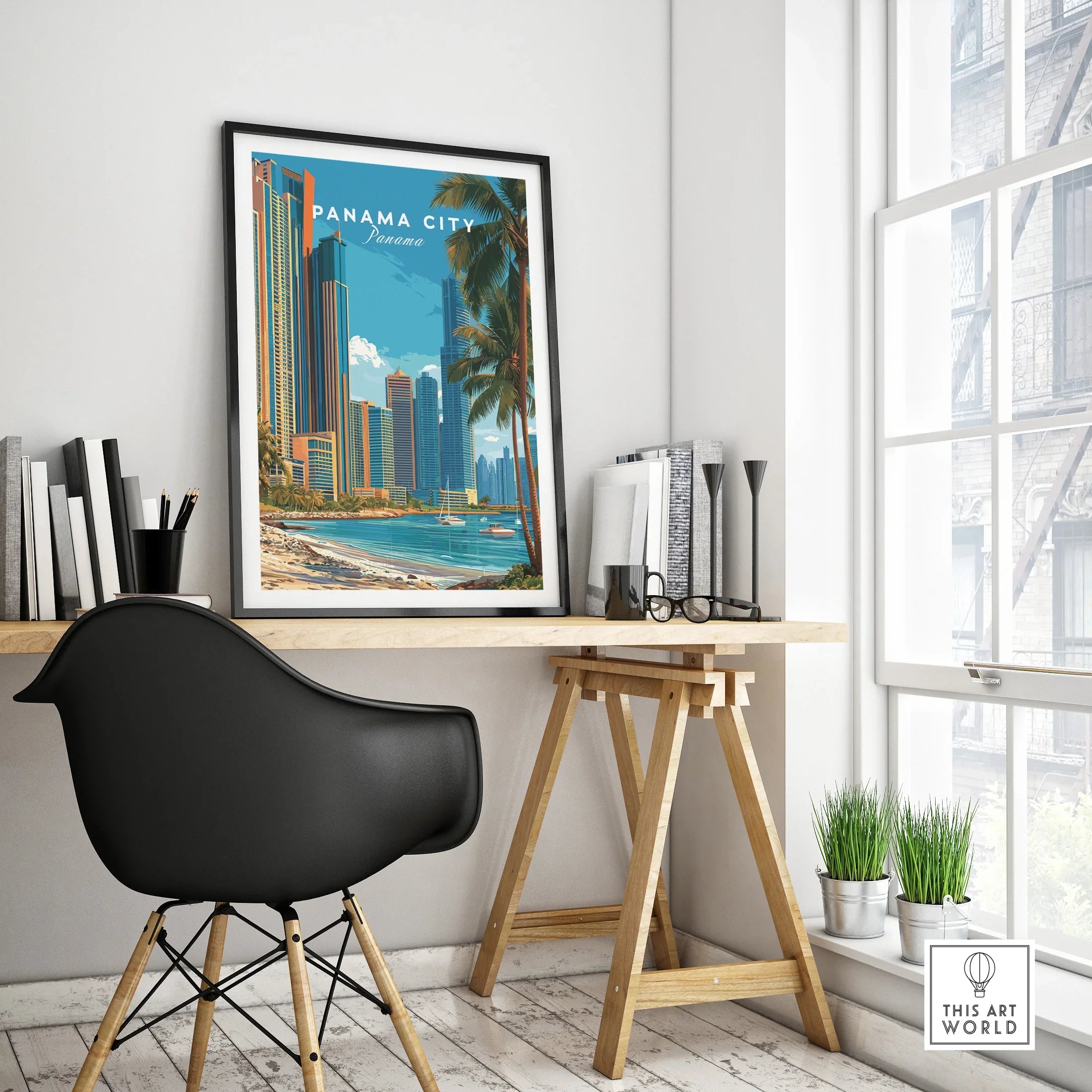 Panama City travel poster with skyline, palm trees, and beach, framed above a modern desk for home decor.