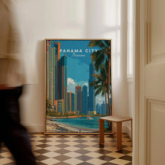 Panama City skyline travel poster with palm trees and beach, framed wall art for home decor