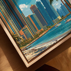 Framed city skyline wall art with coastal view, palm trees, and boats—perfect travel poster decor.