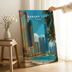 Panama City skyline art print with palm trees and coastal view for home decor