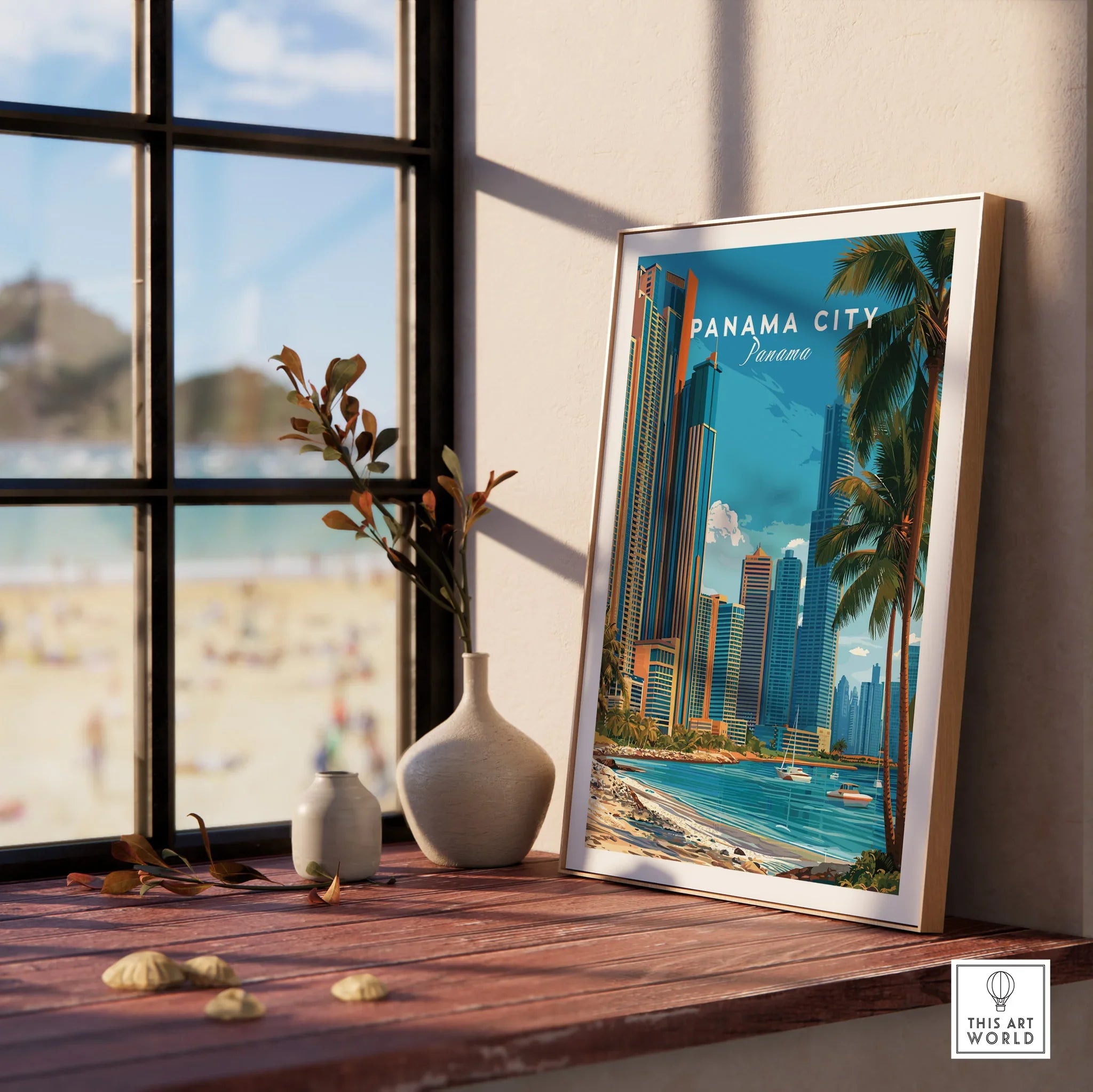 Panama City skyline travel poster with palm trees and beach, perfect for home decor