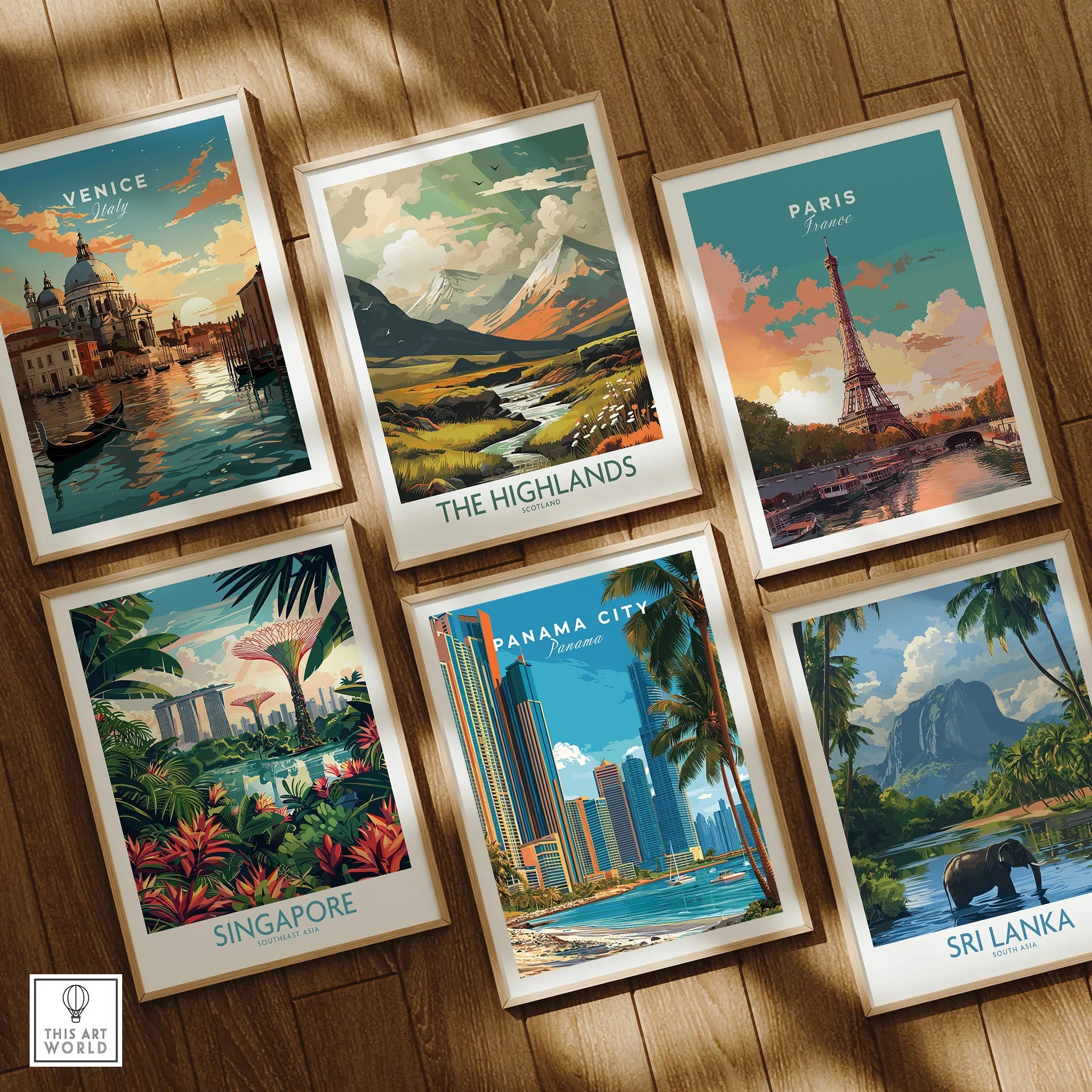 Framed travel posters of Venice, Paris, Singapore, Panama City, Sri Lanka, and The Highlands for wall art decor