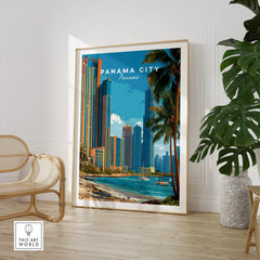 Panama City skyline travel poster with palm trees, beach, and modern skyscrapers, perfect for tropical wall art decor.