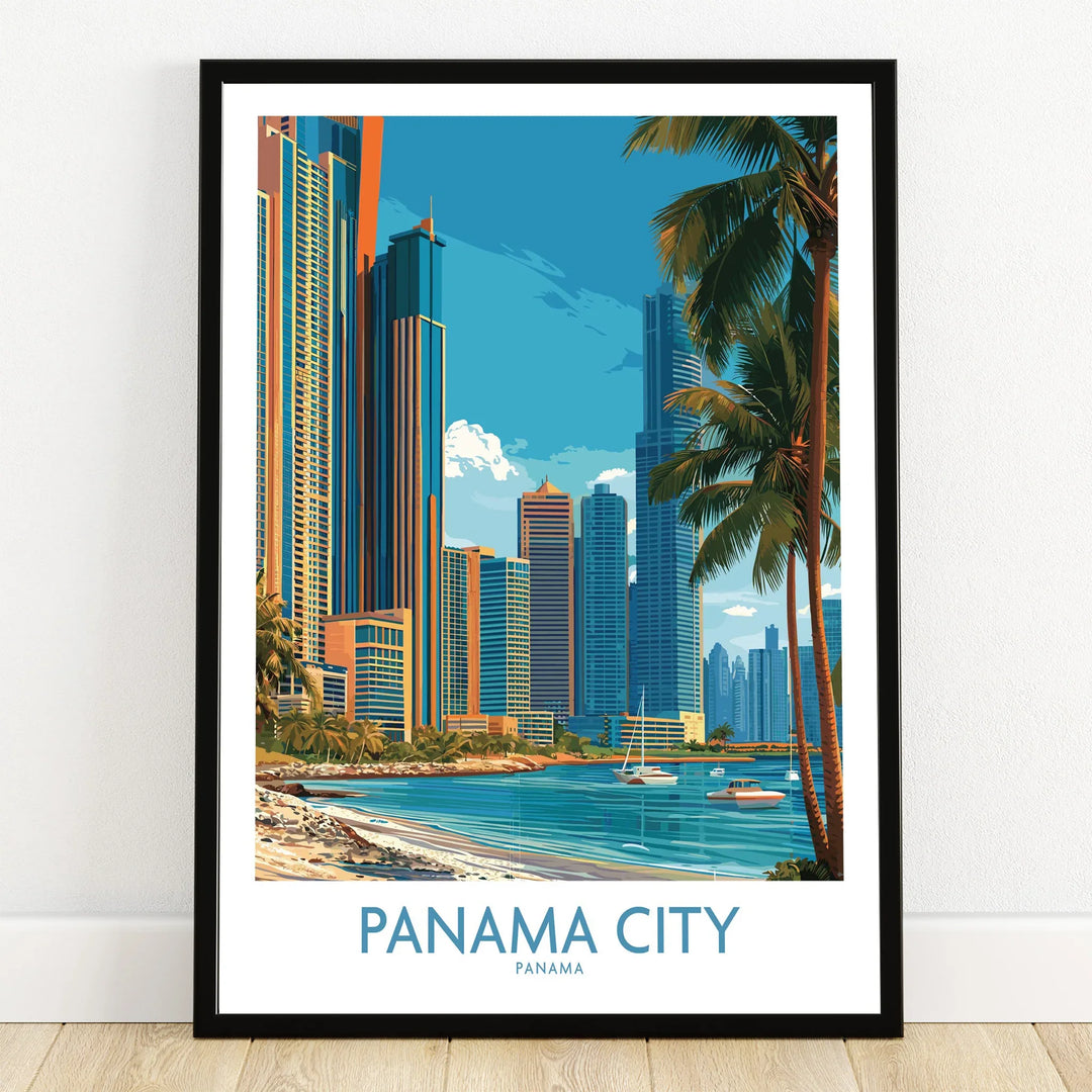 Panama City skyline travel poster with palm trees, beach, and modern skyscrapers, ideal for tropical wall art decor.