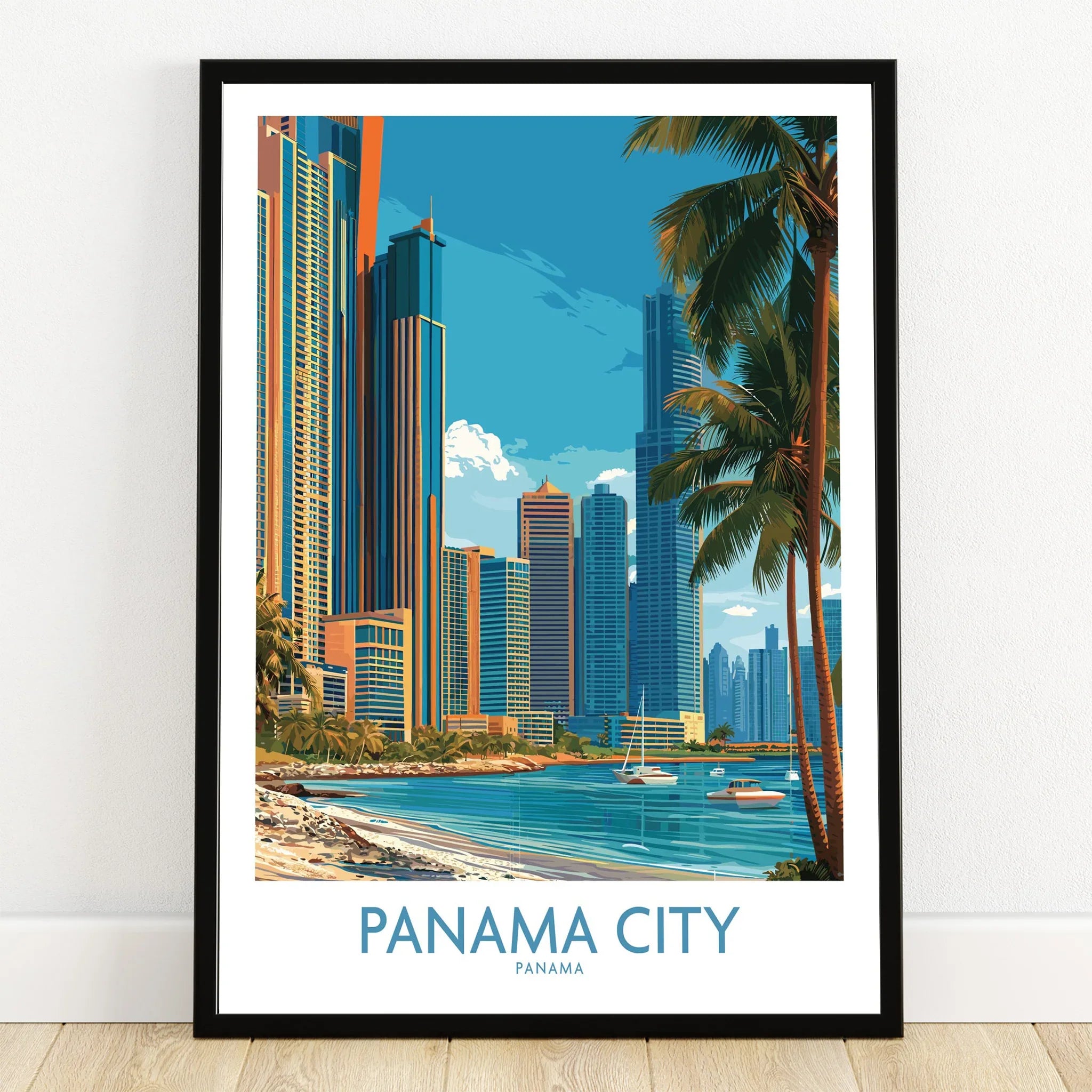 Panama City skyline travel poster with palm trees, beach, and modern skyscrapers, ideal for tropical wall art decor.