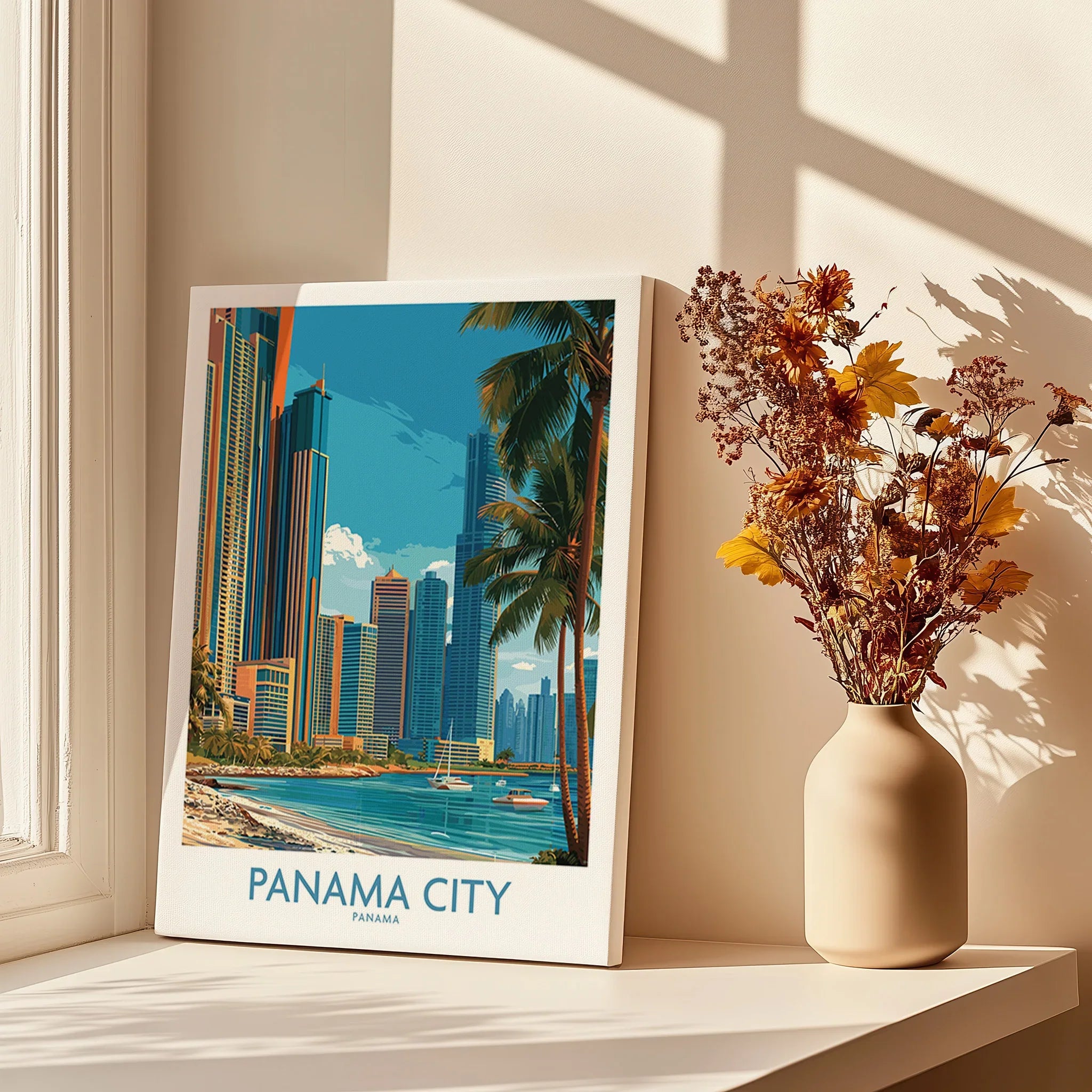 Panama City skyline travel poster with palm trees, beach, and modern skyscrapers, perfect for home wall art decor.