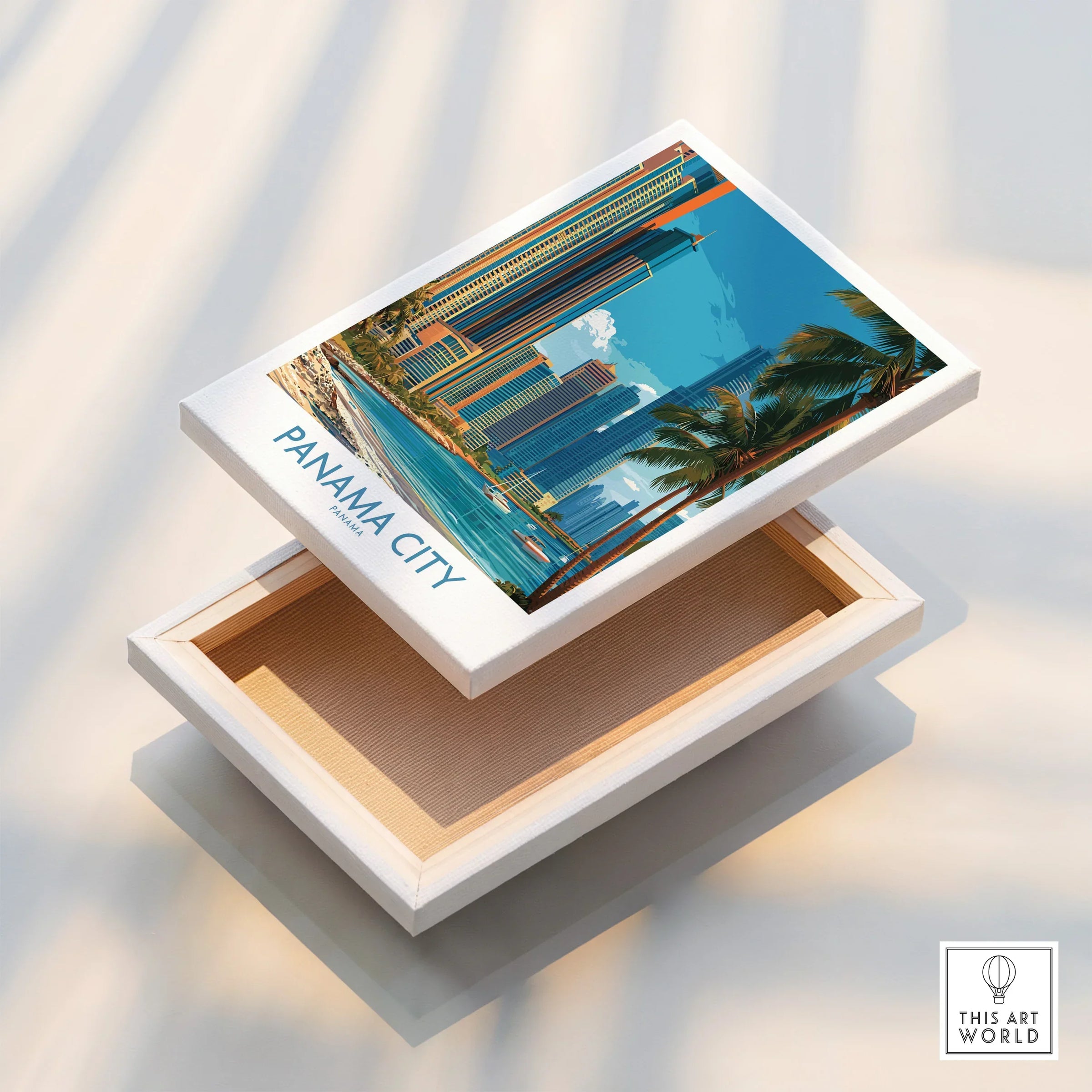 Panama City travel poster canvas art with skyline, palm trees, and waterfront, ideal for cityscape wall decor.