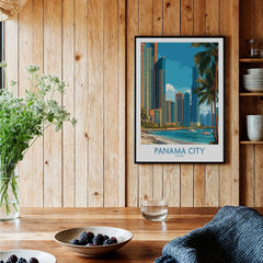 Panama City skyline travel poster with palm trees and waterfront, framed wall art for home decor