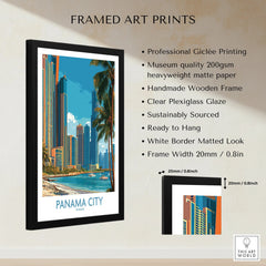 Framed Panama City travel poster with skyline, palm trees, and waterfront, ideal for home wall art decor