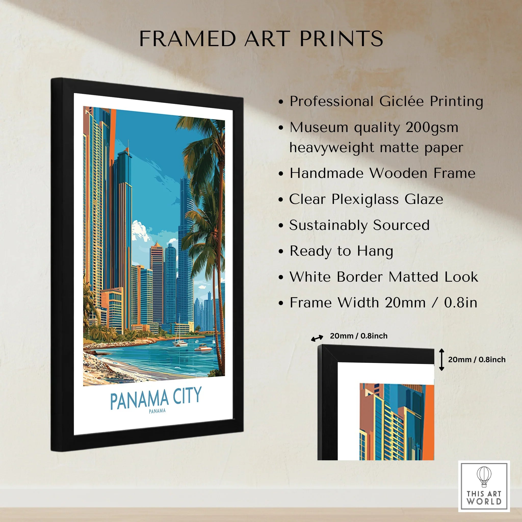 Framed Panama City travel poster with skyline, palm trees, and waterfront, ideal for home wall art decor