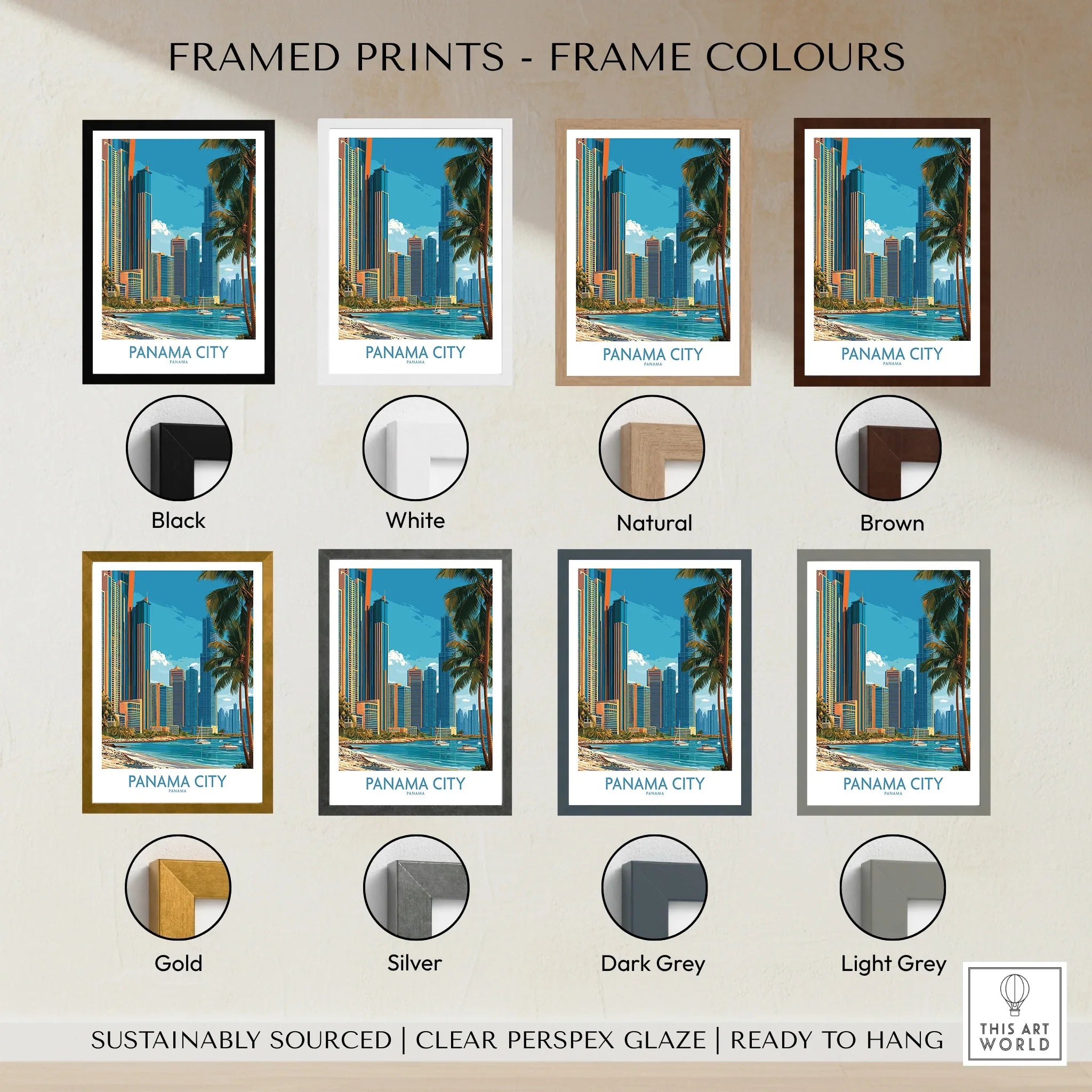 Panama City skyline art print in various frame colors for home decor