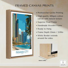 Framed Panama City travel poster with skyline, palm trees, and waterfront, ideal for wall art decor
