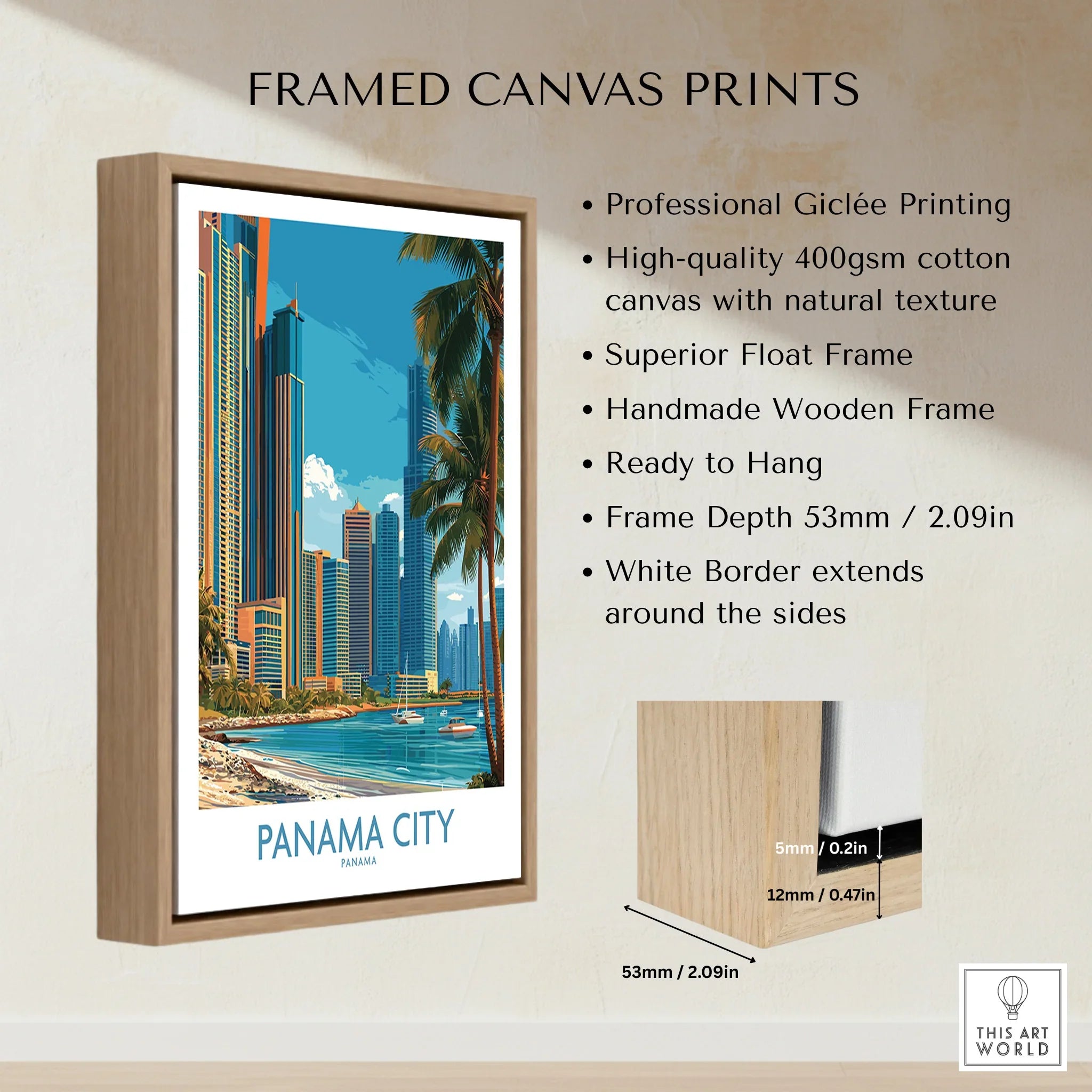 Framed Panama City travel poster with skyline, palm trees, and waterfront, ideal for wall art decor