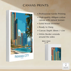 Panama City skyline canvas print with palm trees and waterfront, travel poster wall art