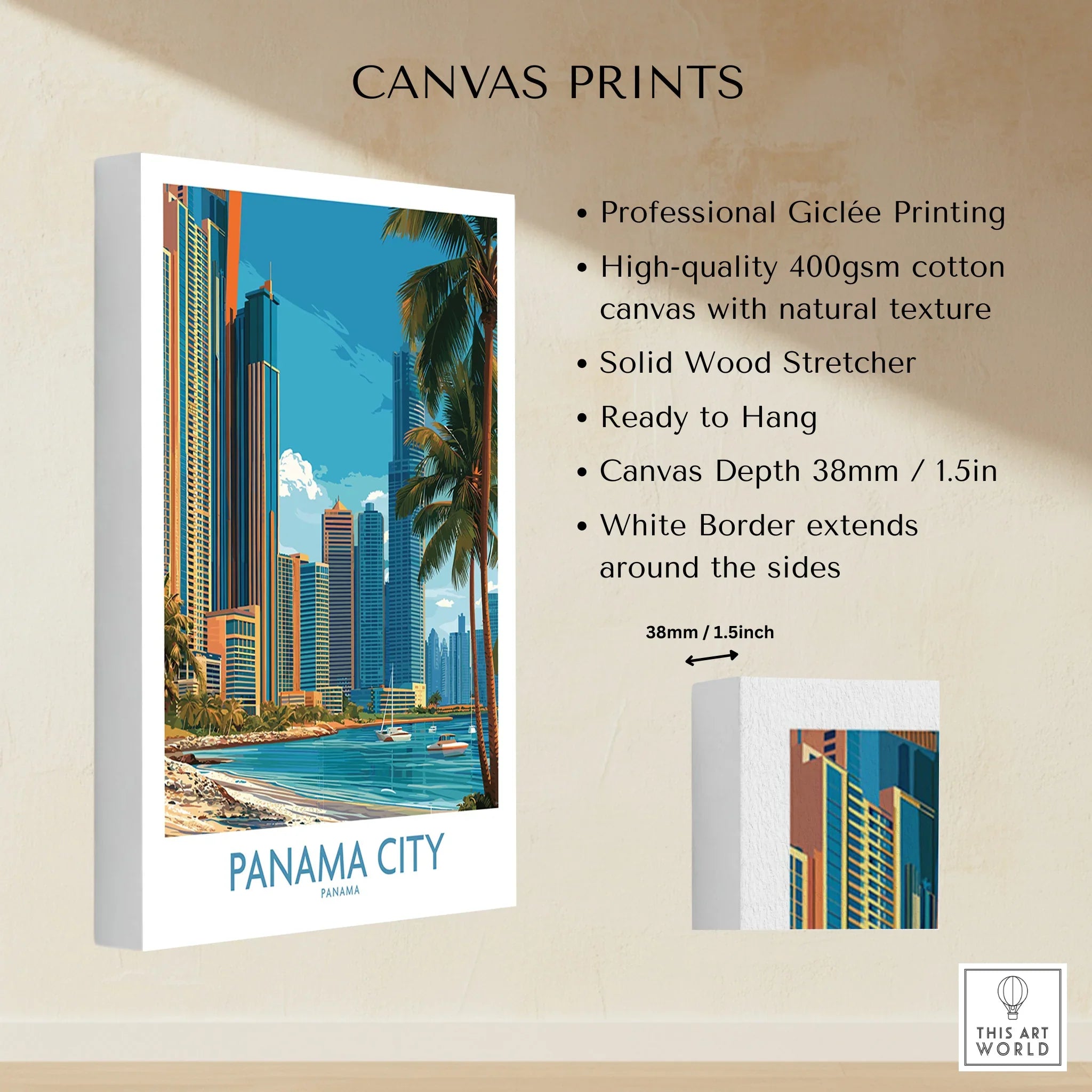 Panama City skyline canvas print with palm trees and waterfront, travel poster wall art