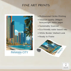 Panama City skyline travel poster with palm trees, waterfront, and modern skyscrapers for wall art decor