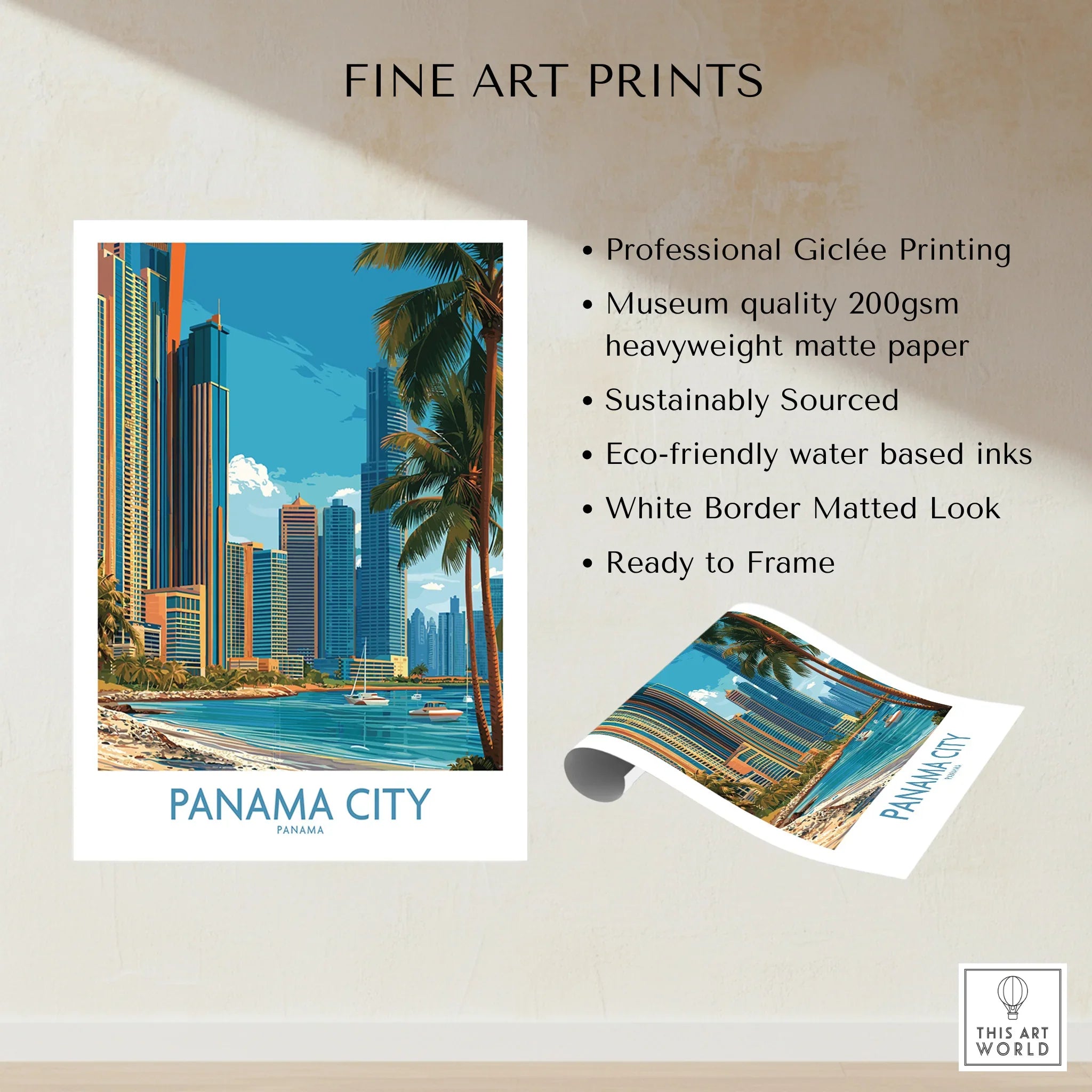Panama City skyline travel poster with palm trees, waterfront, and modern skyscrapers for wall art decor