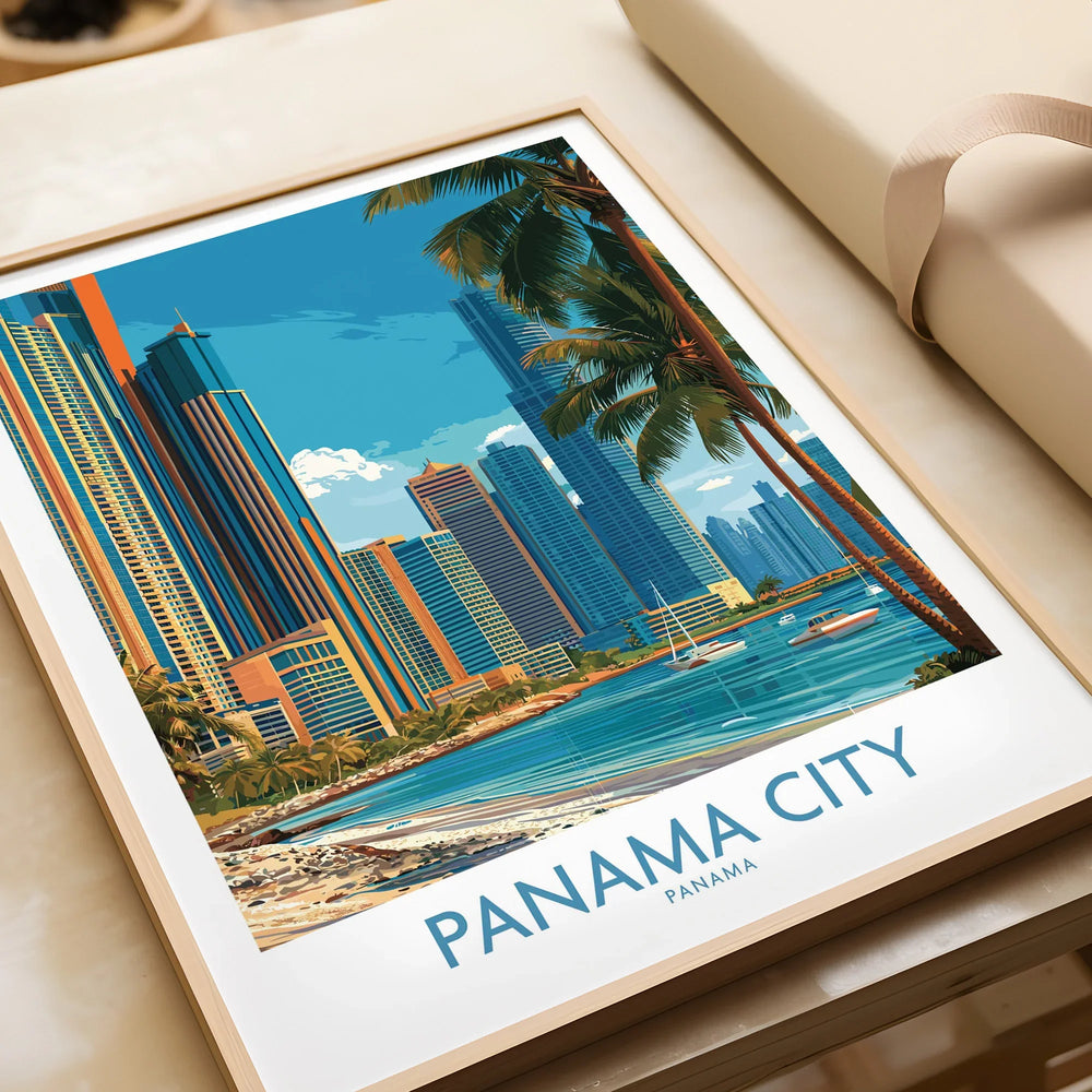Panama City skyline travel poster with palm trees and waterfront, vibrant cityscape wall art