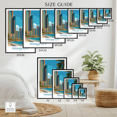 Panama City skyline art print size guide for wall decor, featuring travel poster styles in various dimensions