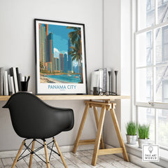 Panama City travel poster with skyline, palm trees, and beach, perfect for home decor