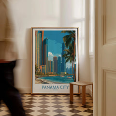 Panama City skyline art print with palm trees and waterfront, perfect for travel-themed wall decor