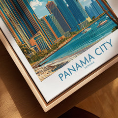 Panama City skyline travel poster with waterfront, boats, and palm trees, modern cityscape wall art print